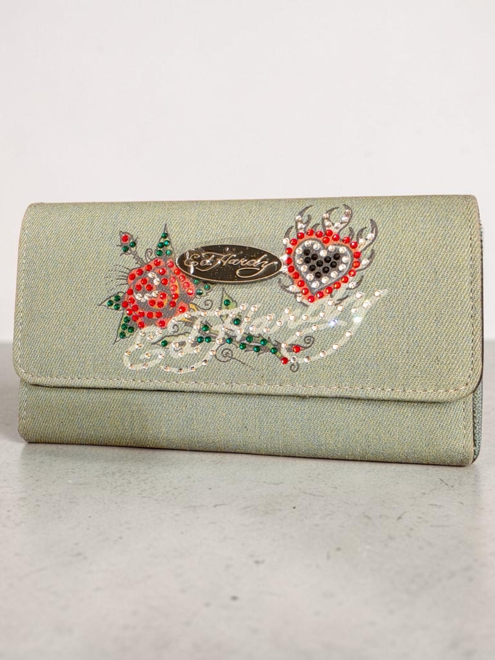 Ed Hardy Sage Green Rhinestone Rose & Heart Wallet